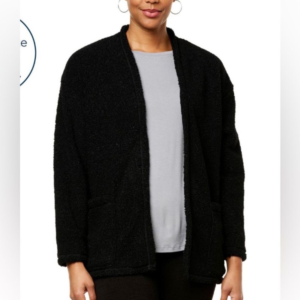 HUE Faux Sherpa Boucle Teddy Bear Open Front Cardigan Black 2X